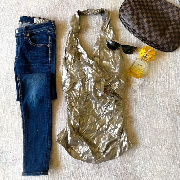 Nicole Miller God Label Slinky Gold Metallic Designer Halter Top NEW - Picture 2 of 14